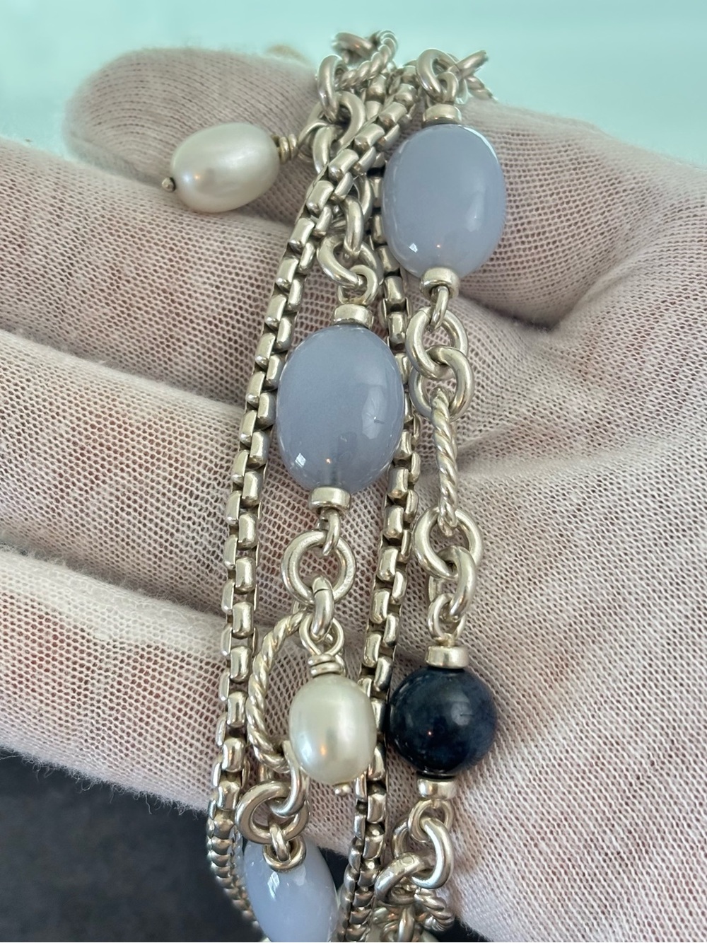 David Yurman Multi-Strand Bracelet with Chalcedony & Pearls 6.5-7" - Picture 2 of 9